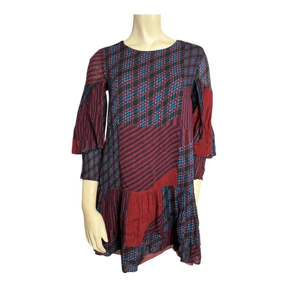 Zara Trafaluc Patchwork Tunic Dress Plaid Mixed Print Boho Small Patchwork Indie